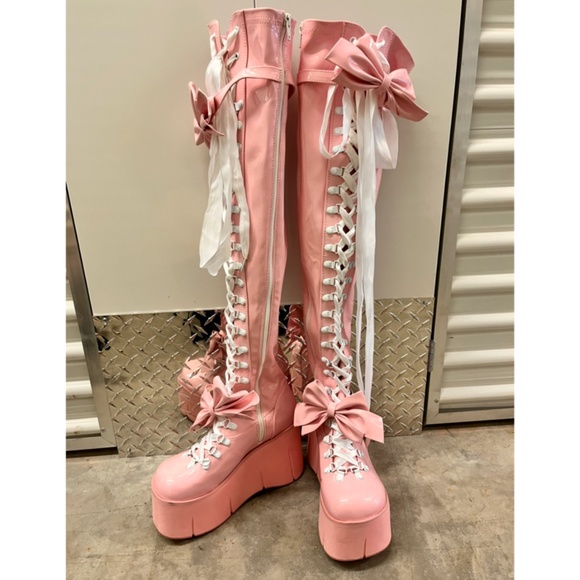 Demonia X Dolls Kill Pastel Pink Thigh High Boots - Picture 3 of 3